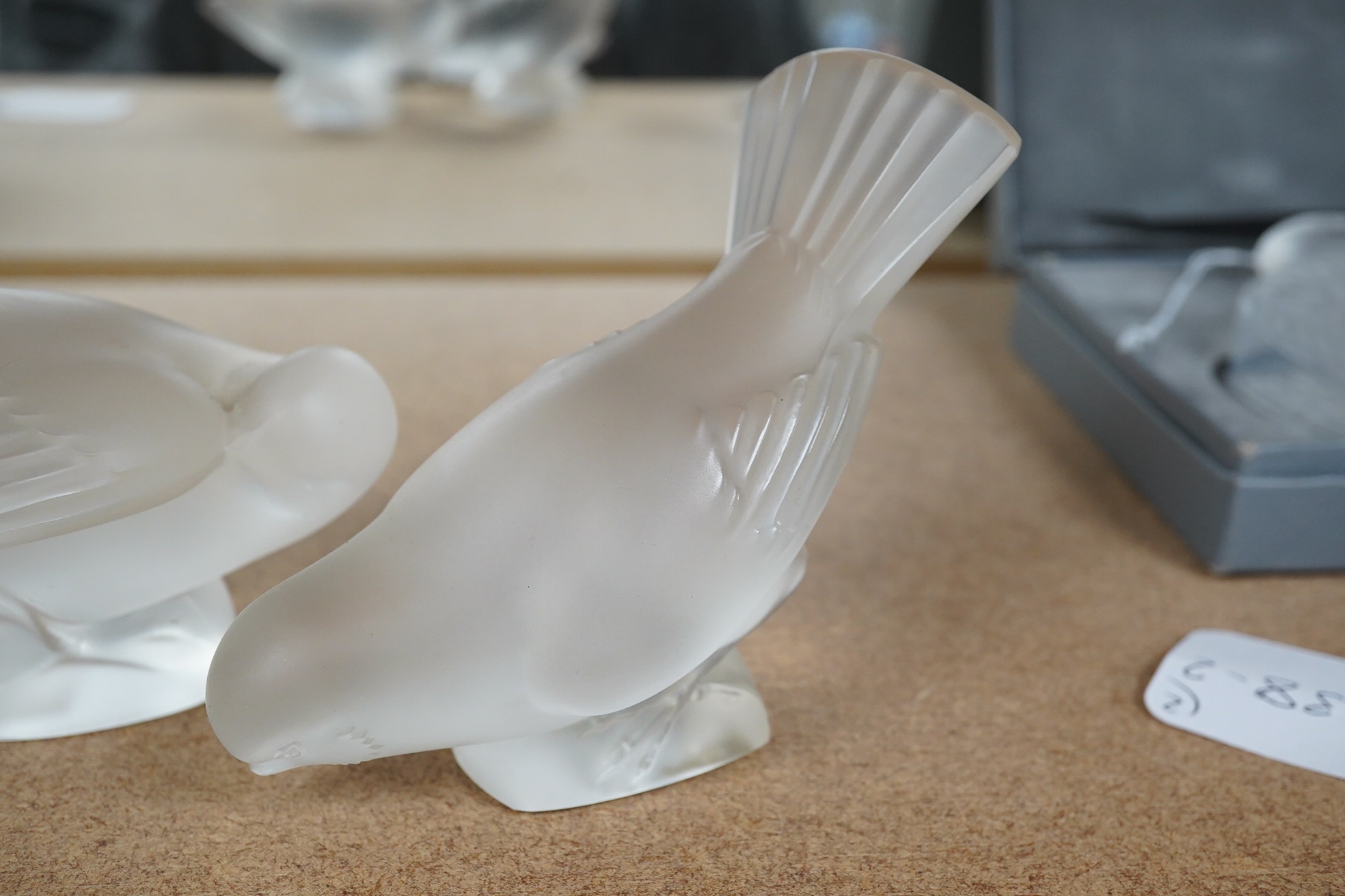 Two Lalique frosted glass figures, Moineau Coquet and Moineau Hardi, tallest 10cm. Condition- fair to good